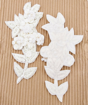 White Hand Embroidered Floral Applique, Beaded Floral Motif